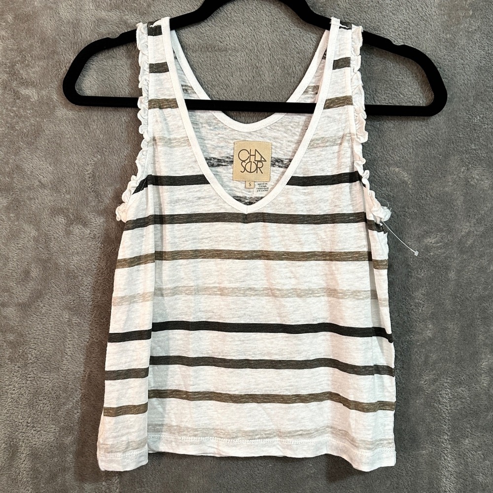 Chaser White Gray Striped Semi-Sheer V-Neck Burnout Vintage Wash Tank Top Small‎